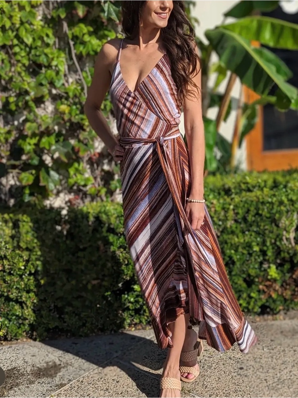 NWT Veronica M Brown & Cream Striped Asymmetrical Wrap Dress Size Medium - Picture 1 of 7
